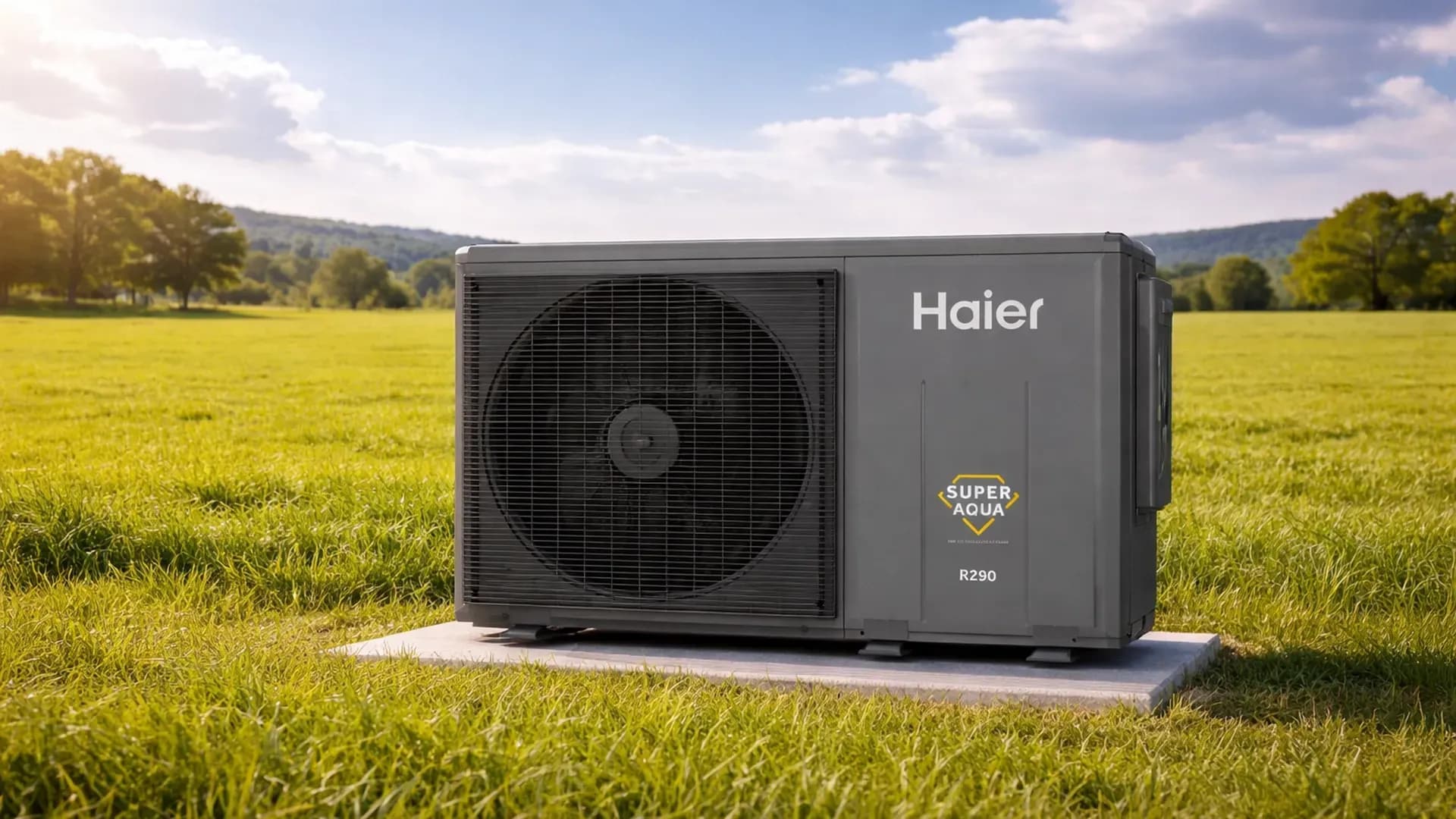 Haier R290 air-to-water heat pump installed outdoors on a green lawn