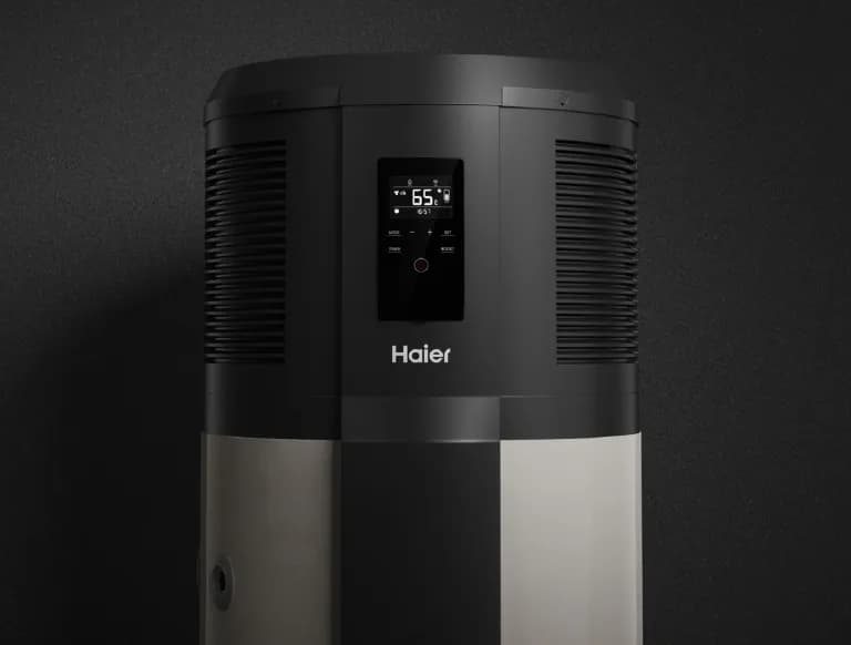 Close-up of a Haier heat pump water heater
